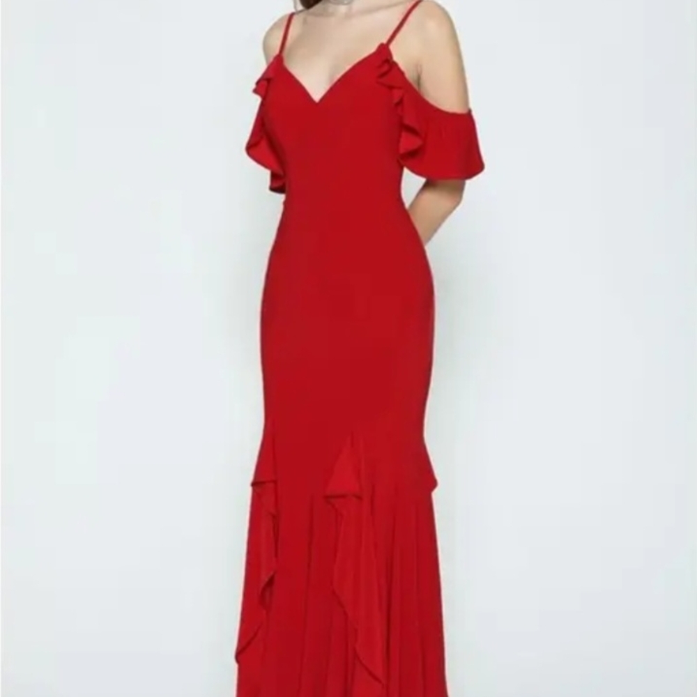 Red Cold Shoulder Gown with cascading Ruffled Skirt for Prom